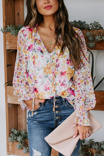Floral Button Cuffed Sleeve Blouse