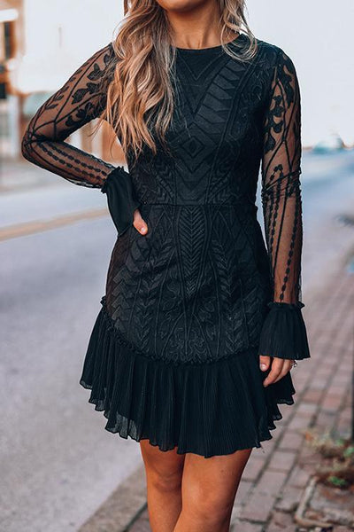 Lace Pleated Long Sleeve Ruffle Dress