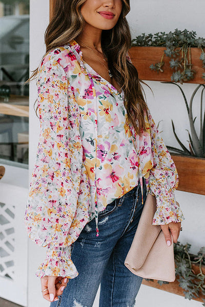 Floral Button Cuffed Sleeve Blouse