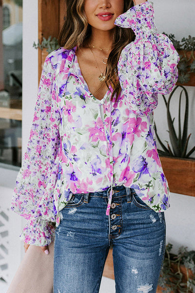 Floral Button Cuffed Sleeve Blouse