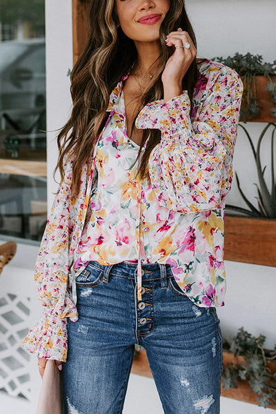 Floral Button Cuffed Sleeve Blouse