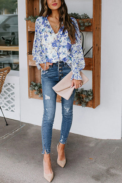 Floral Button Cuffed Sleeve Blouse