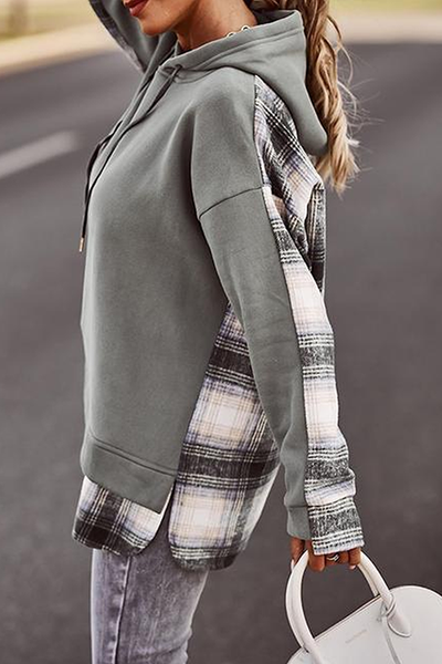 Plaid Patchwork Hooded Sweatshirt - girlyrose.com