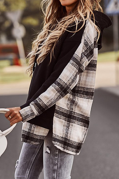 Plaid Patchwork Hooded Sweatshirt - girlyrose.com