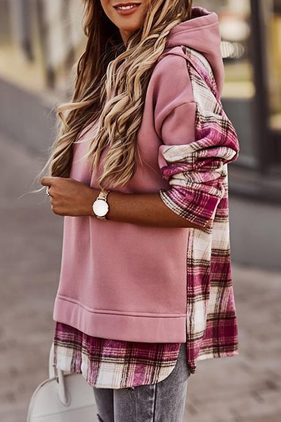 Plaid Patchwork Hooded Sweatshirt - girlyrose.com