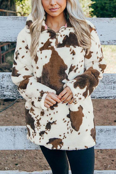 Cow Sherpa Zipper Collar Pullover