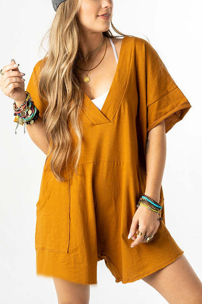 Deep V Neck Solid Color Romper