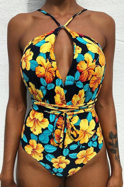 V NECK Tied One-piece Swimsuit - girlyrose.com