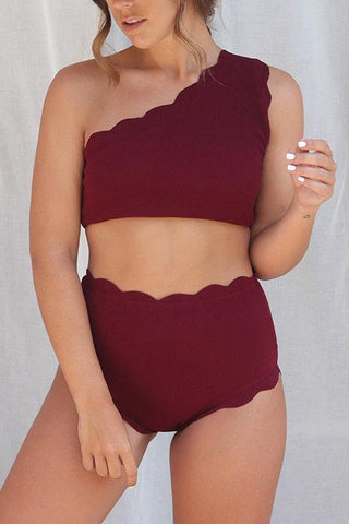 Scalloped One Shoulder Bikini Set - girlyrose.com