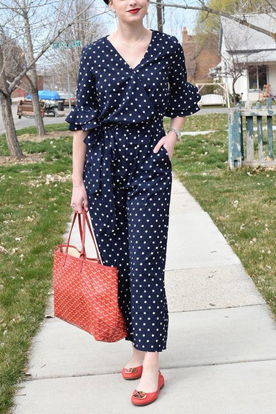 Polka Dot Hlaf Sleeve Jumpsuit - girlyrose.com