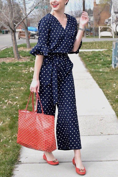 Polka Dot Hlaf Sleeve Jumpsuit - girlyrose.com