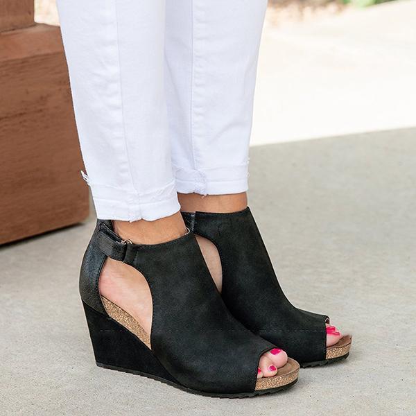 Lydiashoes Peep Toe Blocking Hook-Loop Wedges Shoes