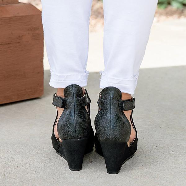 Lydiashoes Peep Toe Blocking Hook-Loop Wedges Shoes