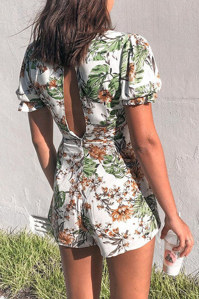 Flower Print Deep V Neck Backless Romper