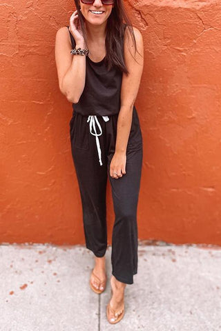 Pockets Drawstring Sleevelss Jumpsuit