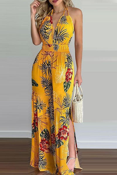 Floral Print Backless Slit Slip Jumpsuits