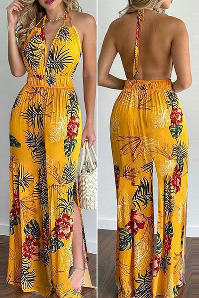 Floral Print Backless Slit Slip Jumpsuits