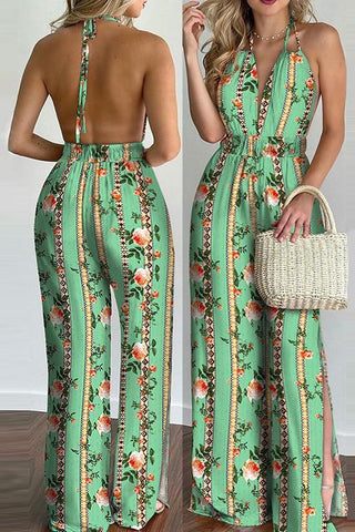 Floral Print Backless Slit Slip Jumpsuits