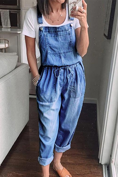 Drawstring Waist Denim Overall - girlyrose.com