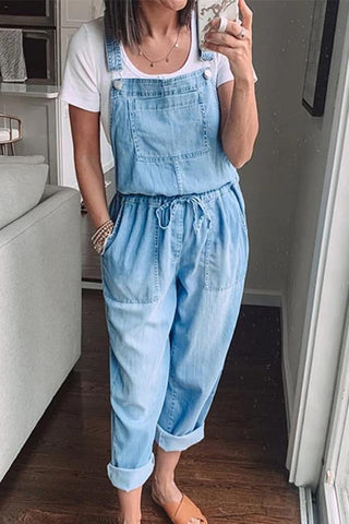 Drawstring Waist Denim Overall - girlyrose.com