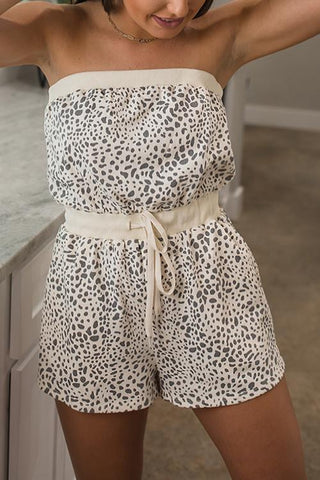 Leopard Strapless Drawstring Romper - girlyrose.com