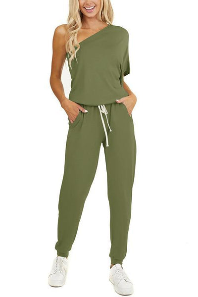 One Shoulder Drawstring Jumpsuits - girlyrose.com