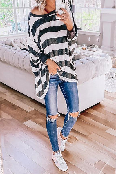 Stripe O Neck Bat Blouse