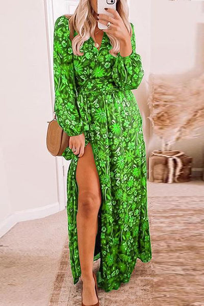 Floral Print Long Sleeve Slit Maxi Wrap Dress