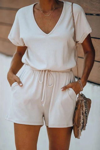 V Neck Pockets Drawstring Romper - girlyrose.com