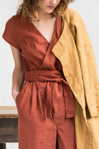 Linen V Neck Wrap Jumpsuits