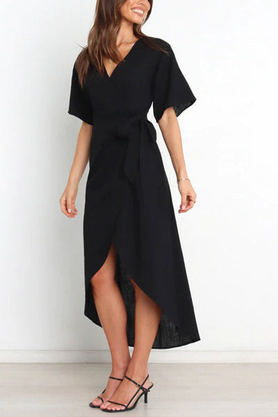 Solid V Neck Tulip Wrap Dress