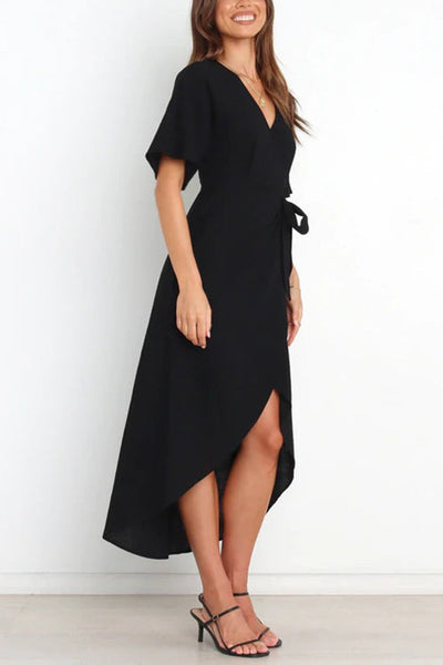 Solid V Neck Tulip Wrap Dress