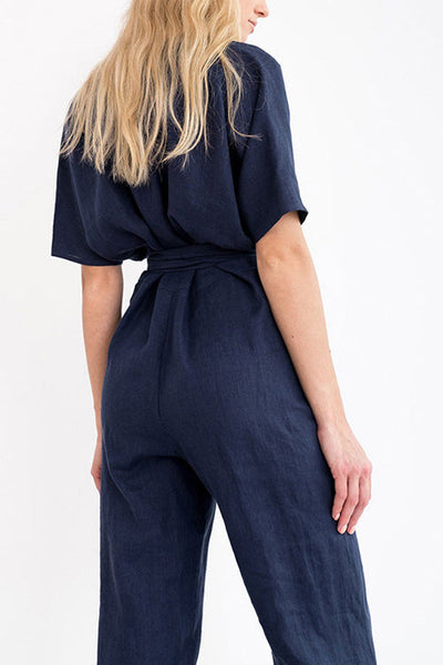 Linen V Neck Wrap Jumpsuits