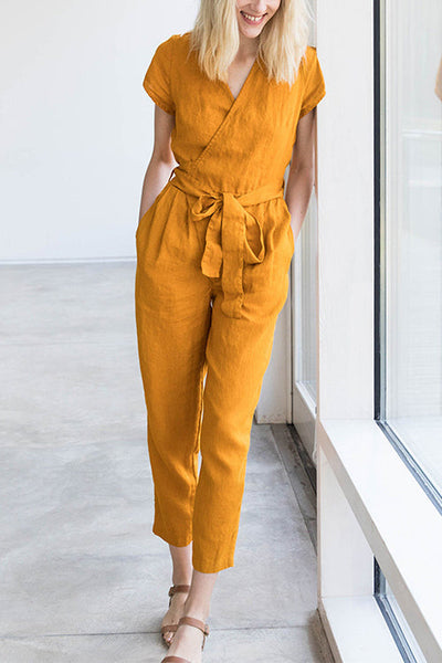 Linen V Neck Wrap Jumpsuits