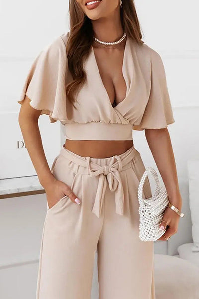 Flares Sleeve V Neck Crop Wide Leg Pants Set