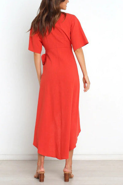 Solid V Neck Tulip Wrap Dress