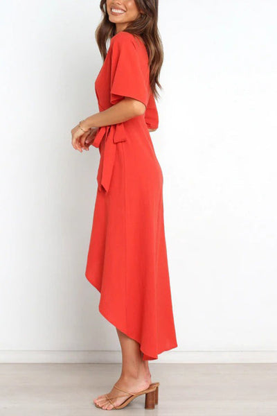 Solid V Neck Tulip Wrap Dress