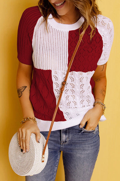 Color Block Eyelet Short Sleeve Sweater