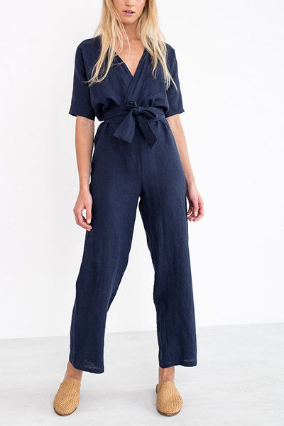 Linen V Neck Wrap Jumpsuits