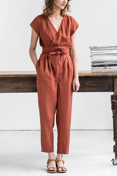 Linen V Neck Wrap Jumpsuits