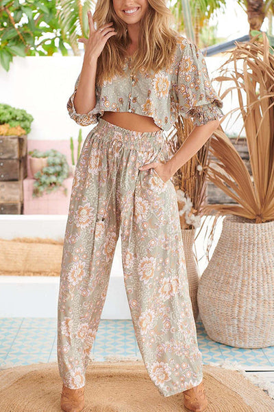 Floral Backless Wide Leg Pants Suit