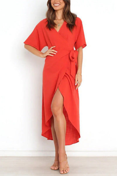 Solid V Neck Tulip Wrap Dress