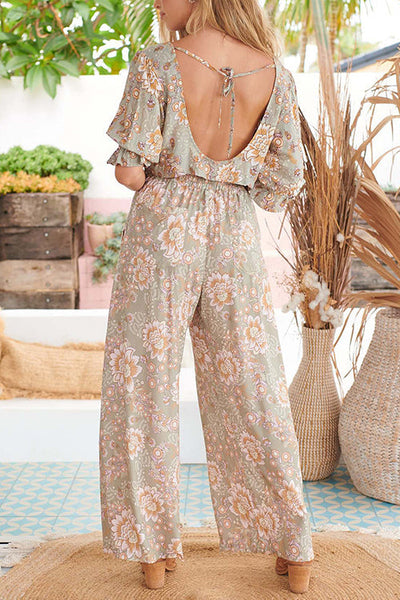 Floral Backless Wide Leg Pants Suit