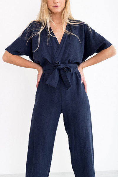 Linen V Neck Wrap Jumpsuits