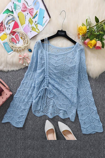 Hollow Dew Shoulder Drawstring Sweater