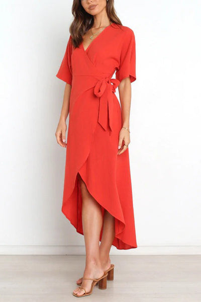 Solid V Neck Tulip Wrap Dress