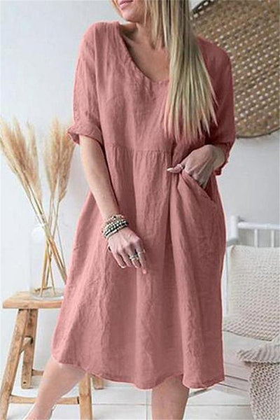 Solid V Neck Pockets Dress - girlyrose.com