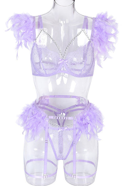 Cutout Feather Detail Plain Lingerie Set