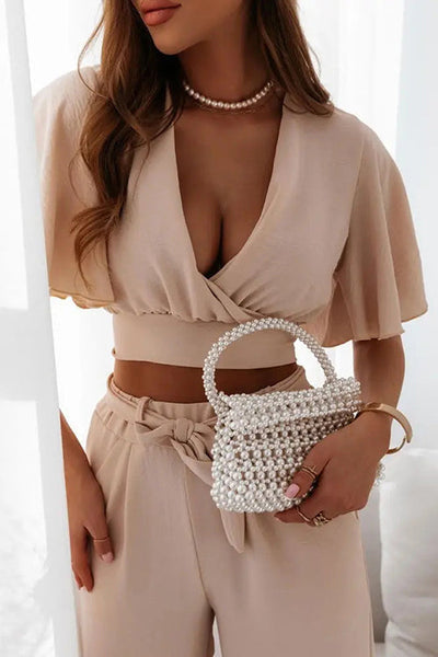 Flares Sleeve V Neck Crop Wide Leg Pants Set