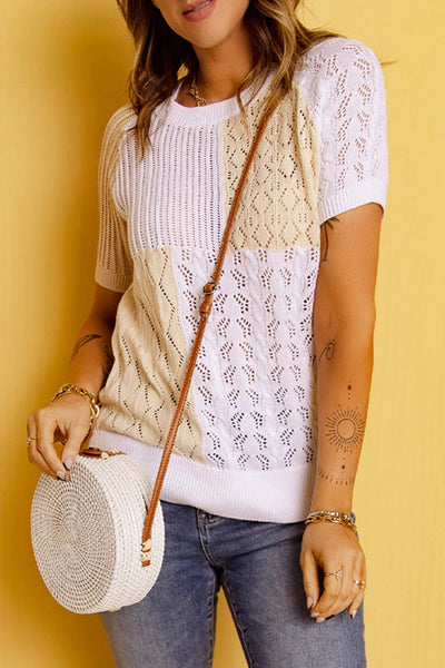 Color Block Eyelet Short Sleeve Sweater